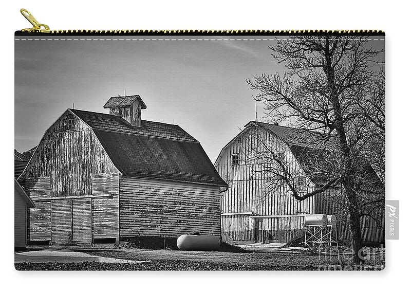 Barn Zip Pouch featuring the photograph Twin Barns In Black And White by Kirt Tisdale