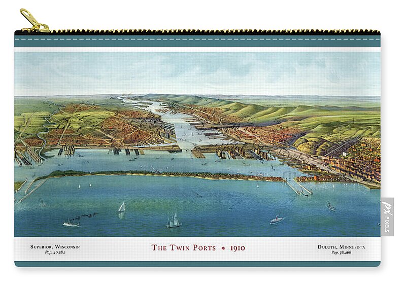 Twin Ports Zip Pouch featuring the drawing Twin Ports 1910, Color by Henry Wellge