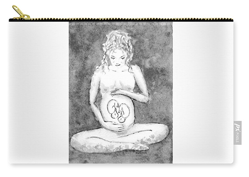 Twins Carry-all Pouch featuring the painting Twin Pregnancy Black and White by Carlin Blahnik CarlinArtWatercolor