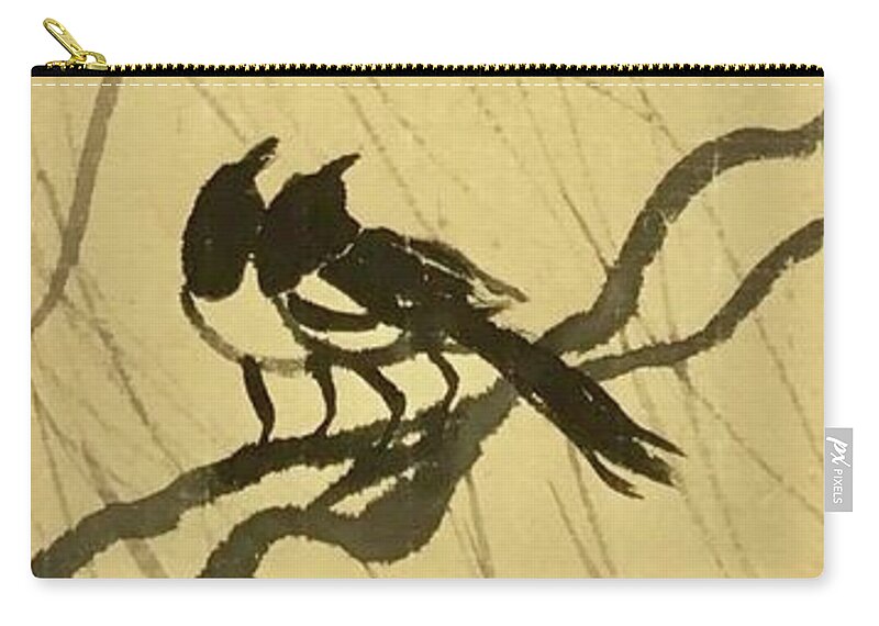 Magpie Zip Pouch featuring the painting Two Magpies with Willow by Carmen Lam