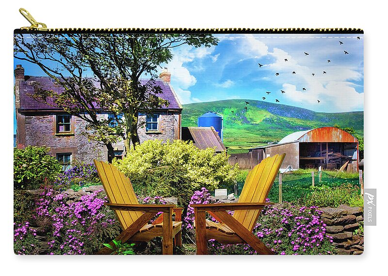 Barns Zip Pouch featuring the photograph Two Chairs in an Irish Garden by Debra and Dave Vanderlaan
