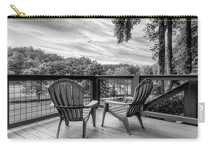 Black Zip Pouch featuring the photograph Two Chairs on the Cabin Porch Black and White by Debra and Dave Vanderlaan
