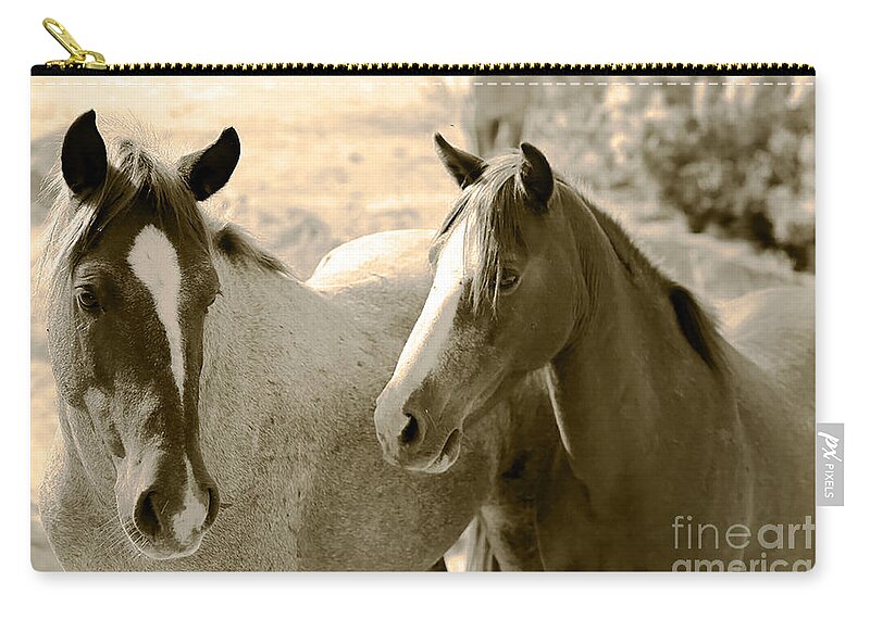 Sepia Zip Pouch featuring the photograph Two Wild Horses by Kate Purdy