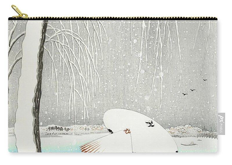 Women Zip Pouch featuring the painting Two women in the snow on Yanagi Bridge by Ohara Koson