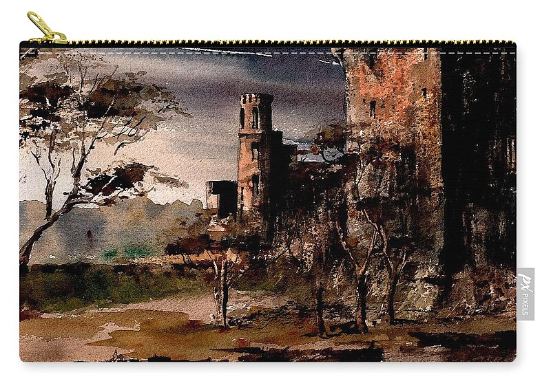  Zip Pouch featuring the painting Twylight storm on Blarney Castle, Cork by Val Byrne