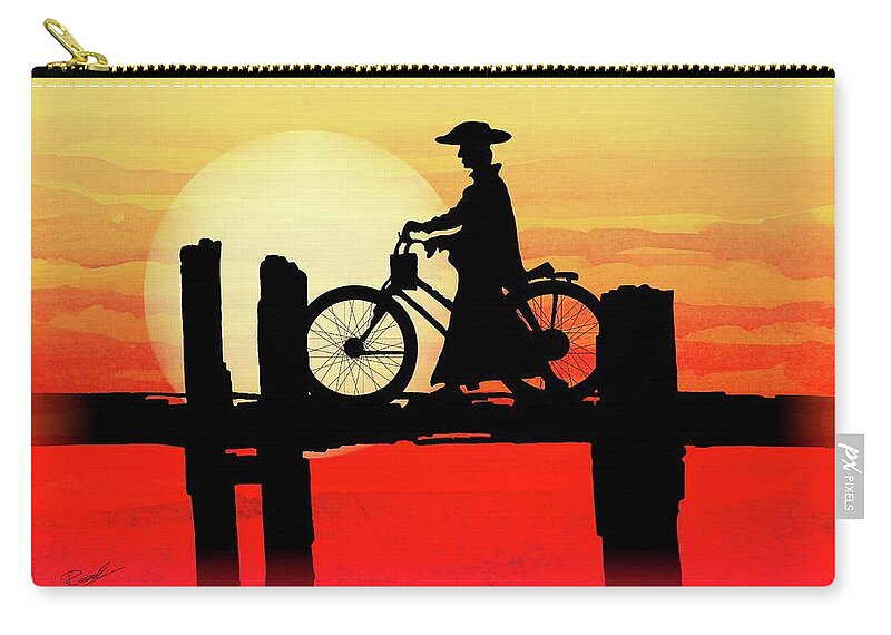 U Bein Bridge Zip Pouch featuring the painting U Bein Bridge Bicycle by Simon Read
