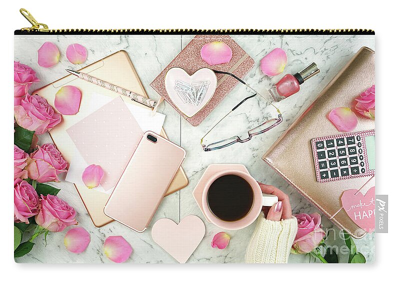Rose Gold Zip Pouch featuring the photograph Ultra feminine pink desk workspace with rose gold accessories flatlay. by Milleflore Images