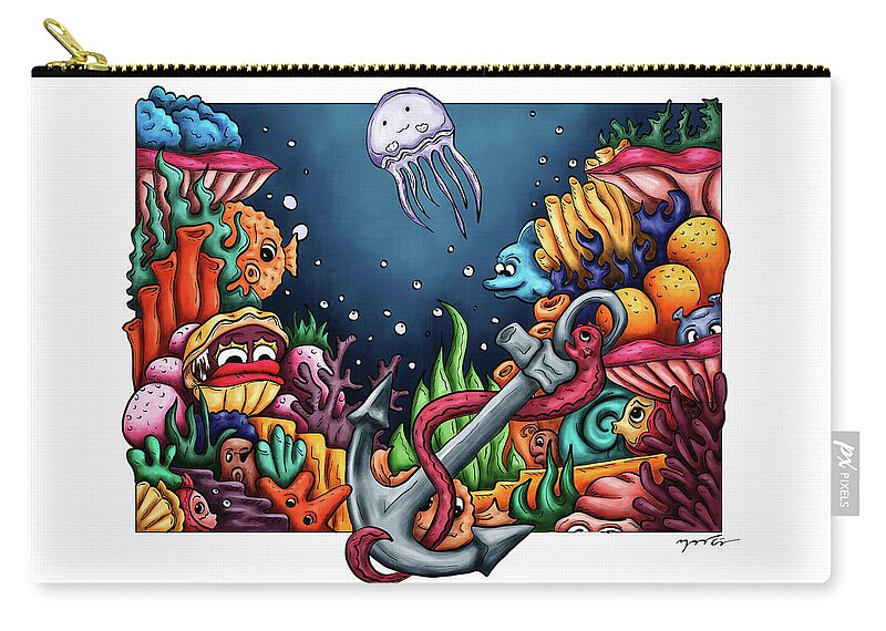 Doodle Zip Pouch featuring the painting Underwater painting for kids, Coral reef doodle by Nadia CHEVREL