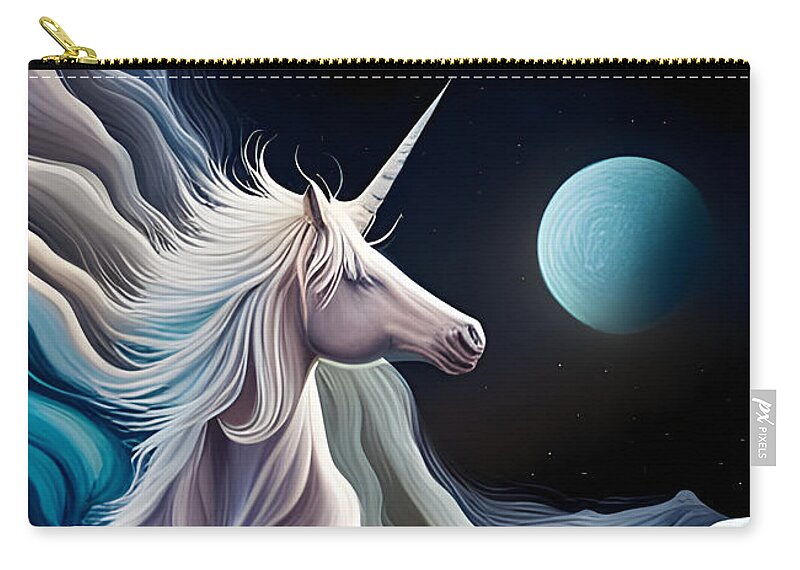 Unicorn Zip Pouch featuring the digital art Unicorn On The Moon by Jason Denis