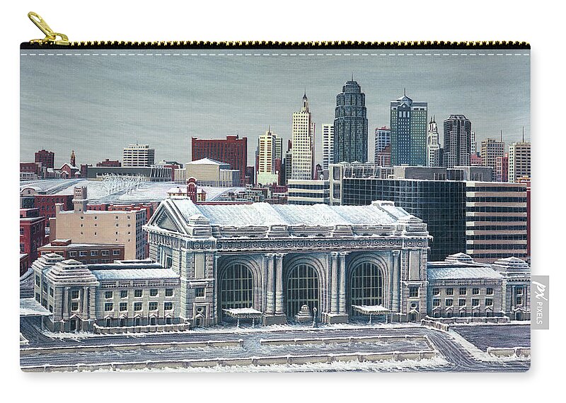 Architectural Landscape Zip Pouch featuring the painting Union Station, KC, MO, Wintertime by George Lightfoot