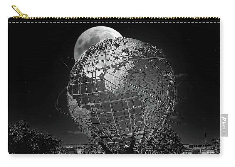 Unisphere Zip Pouch featuring the photograph Unisphere Full Moon NY Worlds Fair 1964 Black White 2020 by Chuck Kuhn