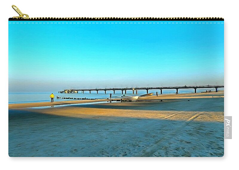 Germany Zip Pouch featuring the digital art Usedom beach in evening sun with walkers by Ralph Kaehne