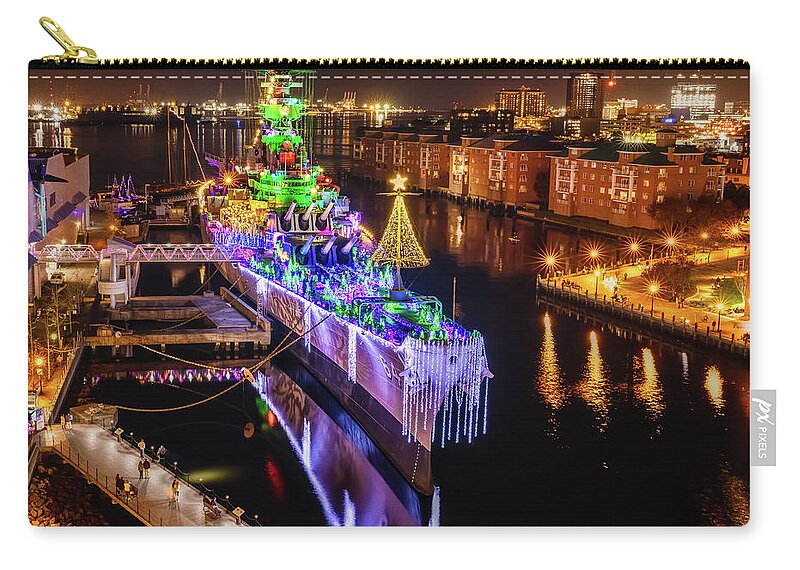 Bb-64 Zip Pouch featuring the photograph USS Wisconsin Christmas by Donna Twiford