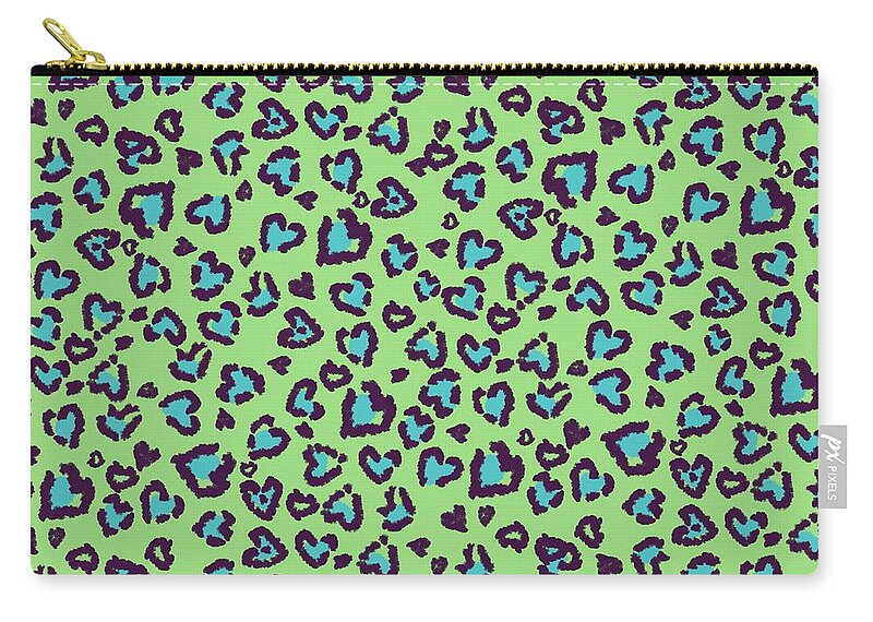 Heart Zip Pouch featuring the digital art Valentine Leopard Pattern in Blue on Green by Colleen Cornelius