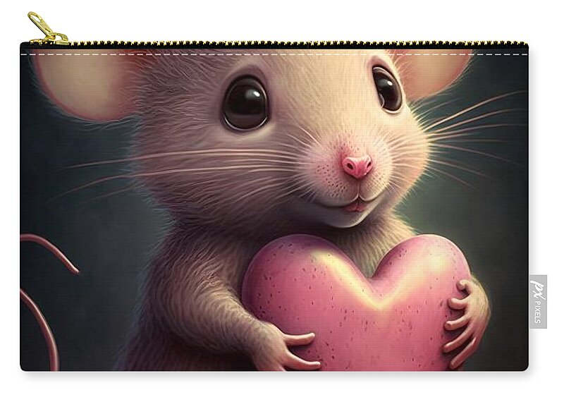 Mouse With Heart Zip Pouch featuring the mixed media Valentine Mouse by Lilia S