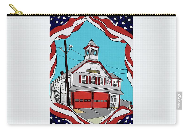 Valley Stream Fire House Fire Dept. Zip Pouch featuring the painting Valley Stream Corona Ave. Fire House by Mike Stanko