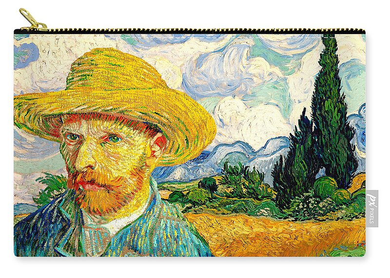 Straw Hat Zip Pouch featuring the digital art Van Gogh Self-Portrait with Straw Hat in front of Wheat Field with Cypresses by Nicko Prints