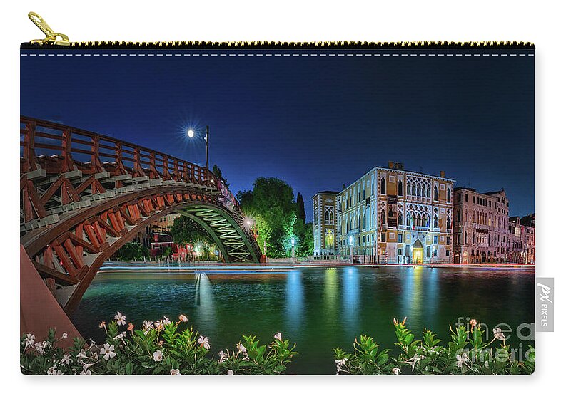 Accademia Zip Pouch featuring the photograph Venice panorama on Canal Grande by night by The P