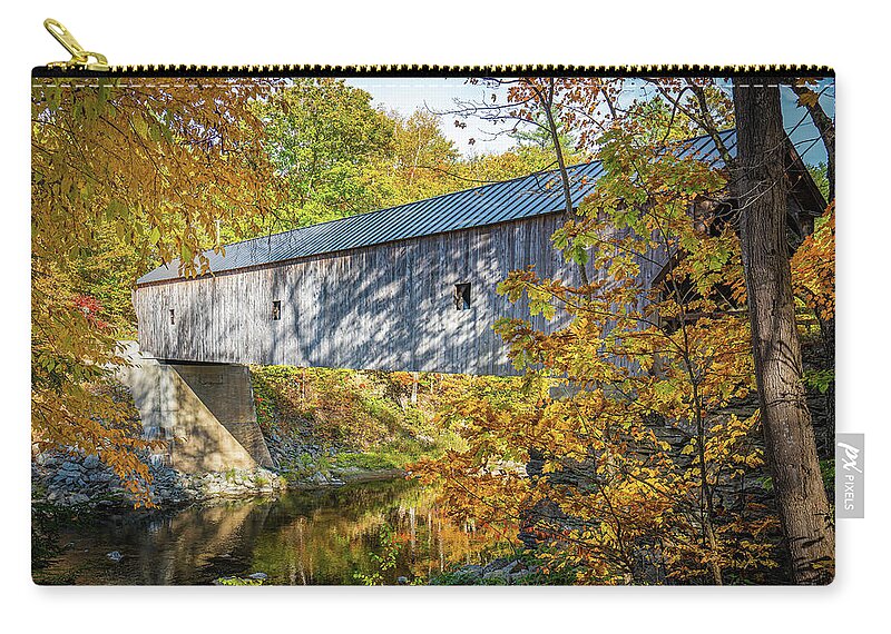 Bridge Carry-all Pouch featuring the photograph Vermont Autumn at Upper Falls Covered Bridge 4 by Ron Long Ltd Photography