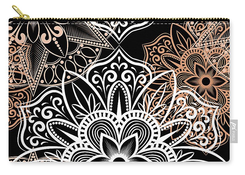 Colorful Carry-all Pouch featuring the digital art Verona - Artistic White Cream Mandala Pattern in Black Background by Sambel Pedes