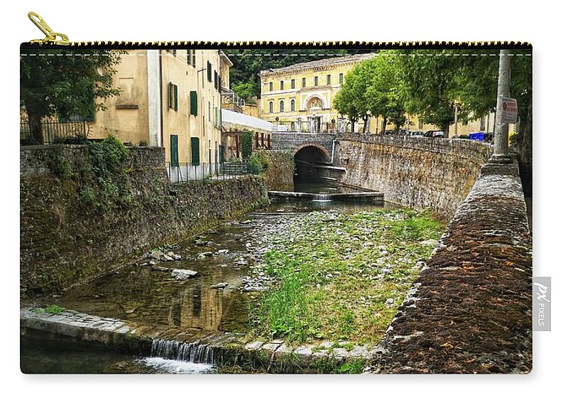 Italy Zip Pouch featuring the photograph vertical river in italy town village of Porretta near Bologna in Emilia Romagna by Luca Lorenzelli