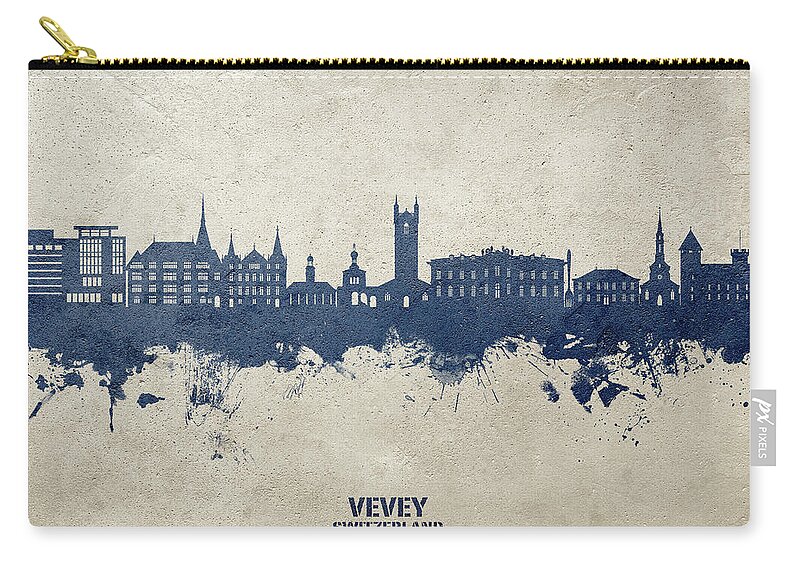 Vevey Zip Pouch featuring the digital art Vevey Switzerland Skyline #30 by Michael Tompsett