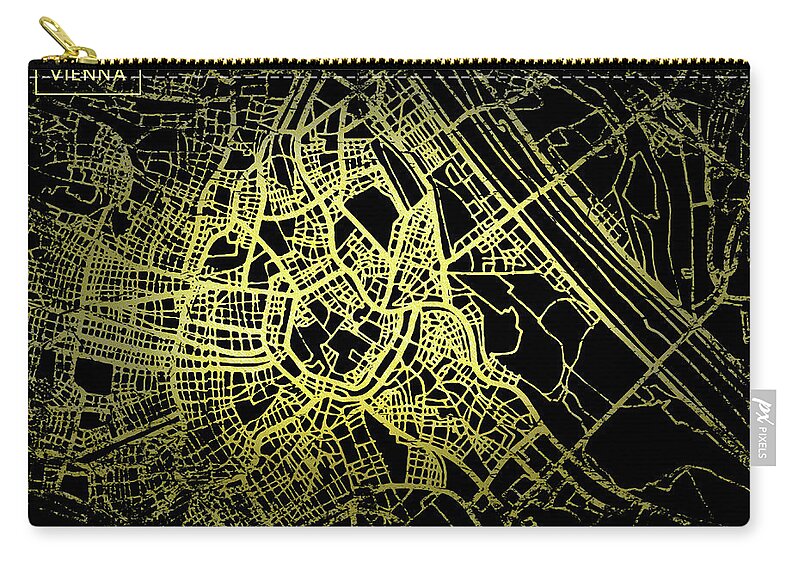 Map Carry-all Pouch featuring the digital art Vienna Map in Gold and Black by Sambel Pedes