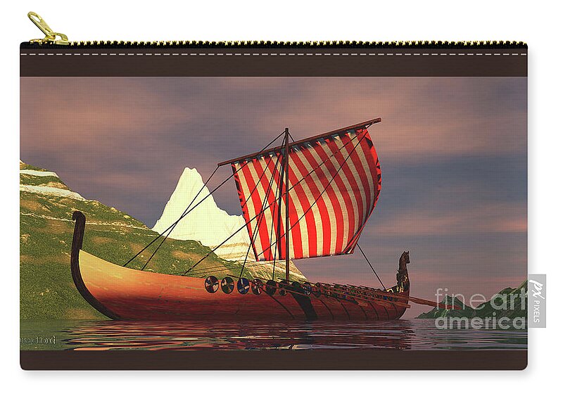 Viking Zip Pouch featuring the digital art Viking Ship in Fjord by Corey Ford