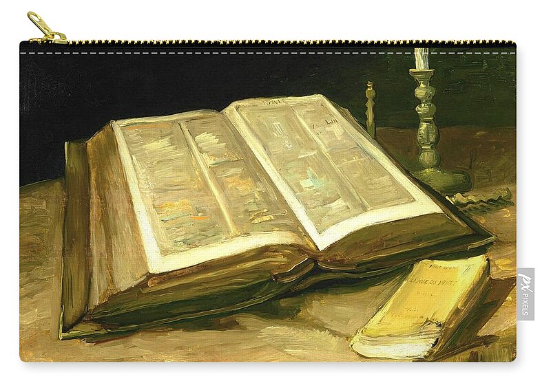 Vincent Van Gogh Still Life With Open Bible Zip Pouch featuring the painting Vincent van Gogh - Still Life with Bible by Alexandra Arts