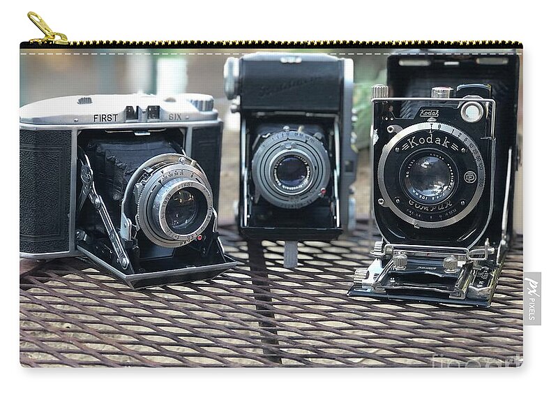 Film Zip Pouch featuring the photograph Vintage Bellows Cameras by Shawn Jeffries