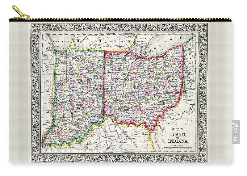 Indiana Zip Pouch featuring the photograph Vintage County Map of Ohio and Indiana 1863 by Carol Japp
