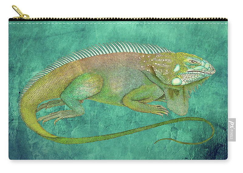Iguana Zip Pouch featuring the mixed media Vintage Iguana Drawing on Textured Background by Lorena Cassady