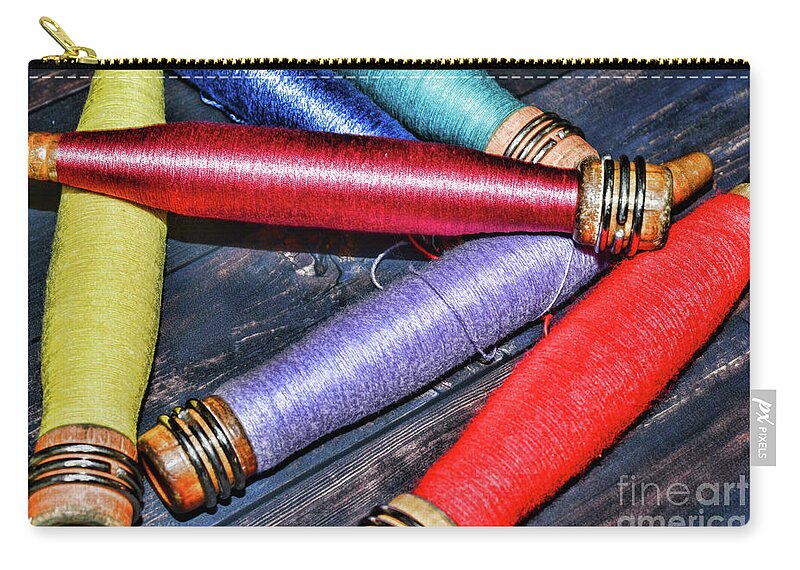 Paul Ward Zip Pouch featuring the photograph Vintage Industrial Sewing Spools by Paul Ward