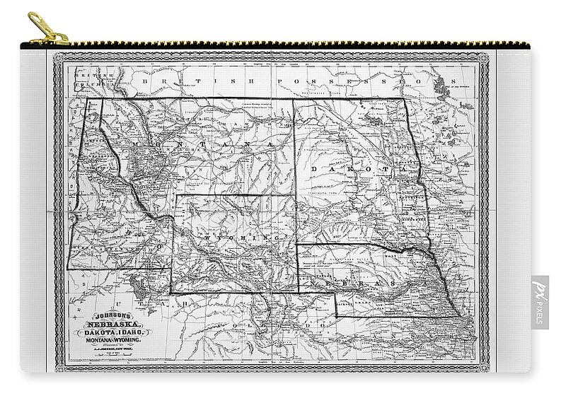 Nebraska Zip Pouch featuring the photograph Vintage Map Nebraska Dakota Idaho Montana and Wyoming 1865 Black and White by Carol Japp