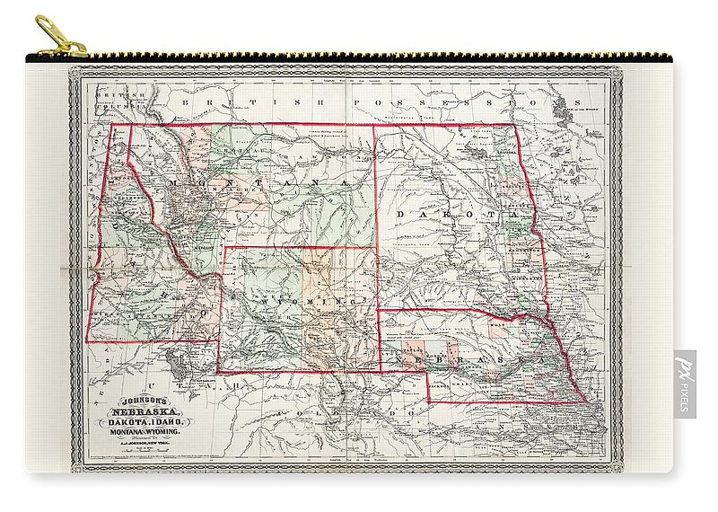 Nebraska Zip Pouch featuring the photograph Vintage Map Nebraska Dakota Idaho Montana and Wyoming 1865 by Carol Japp