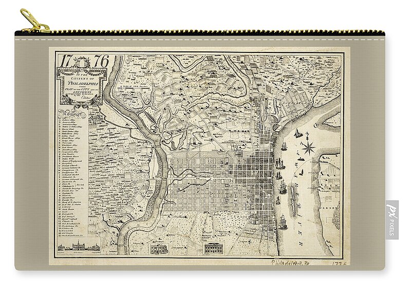 Philadelphia Zip Pouch featuring the photograph Vintage Map of Philadelphia Pennsylvania 1776 by Carol Japp