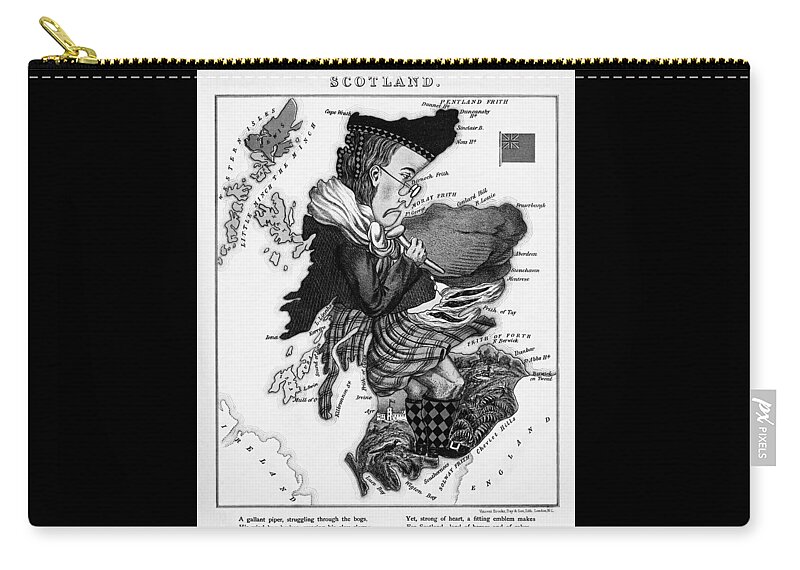 Scotland Zip Pouch featuring the photograph Vintage Map of Scotland Humerous Black and White by Carol Japp