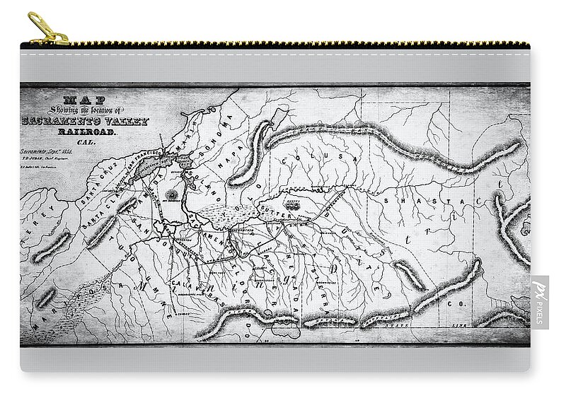 Sacramento Valley Zip Pouch featuring the photograph Vintage Map Sacramento Valley Railroad California 1854 Black and White by Carol Japp