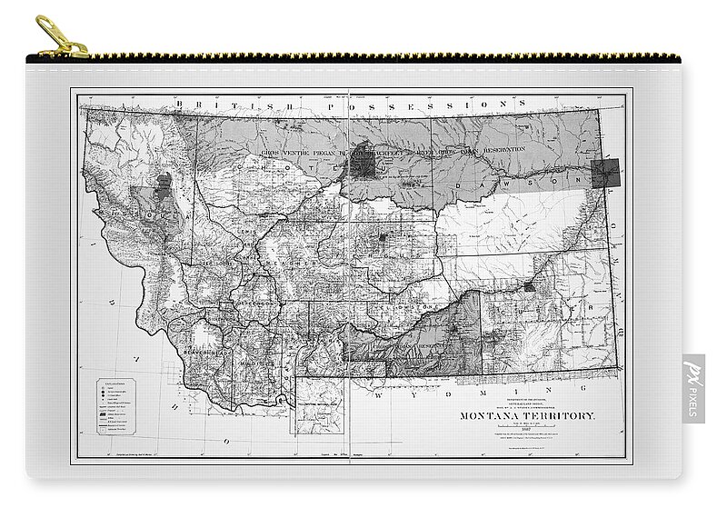 Montana Zip Pouch featuring the photograph Vintage Map State of Montana 1887 Black and White by Carol Japp
