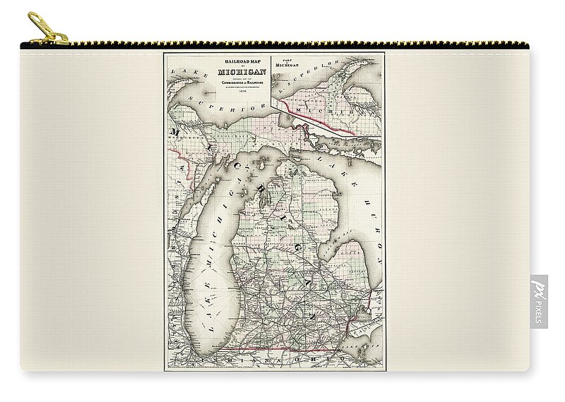 Michigan Zip Pouch featuring the photograph Vintage Railroad Map of Michigan 1876 by Carol Japp