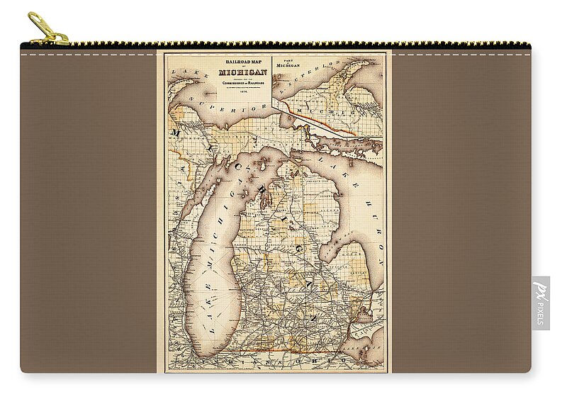 Michigan Zip Pouch featuring the photograph Vintage Railroad Map of Michigan 1876 Sepia by Carol Japp