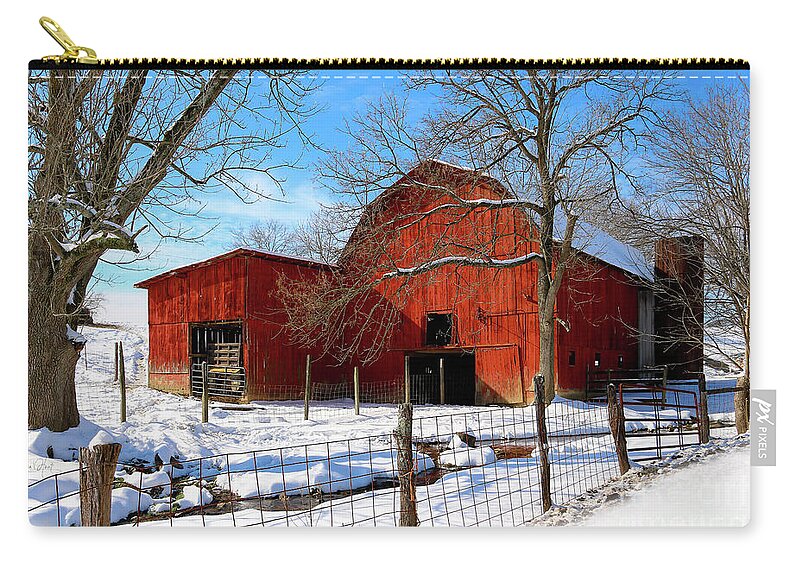 Red Zip Pouch featuring the photograph Vintage Red Barn in Snow by Shelia Hunt