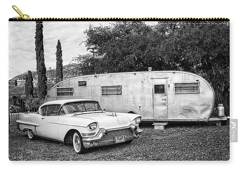 Black And White Zip Pouch featuring the photograph Vintage Vacation by Carmen Kern