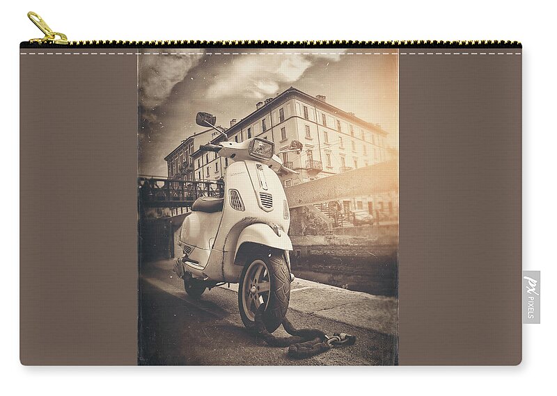 Vespa Carry-all Pouch featuring the photograph Vintage Vespa Navigli Milan Italy Sepia by Carol Japp