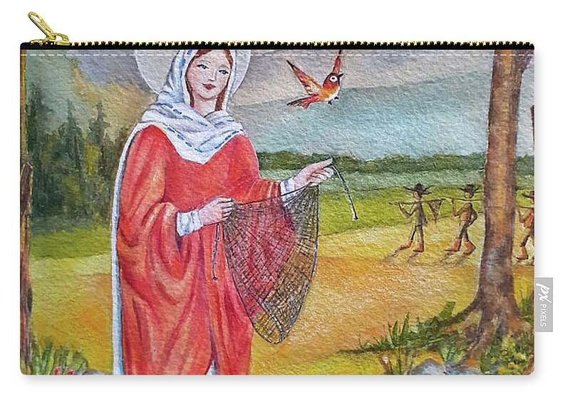 Watercolors Zip Pouch featuring the painting Virgin setting birds free from the snare of the fowlers by Carolina Prieto Moreno