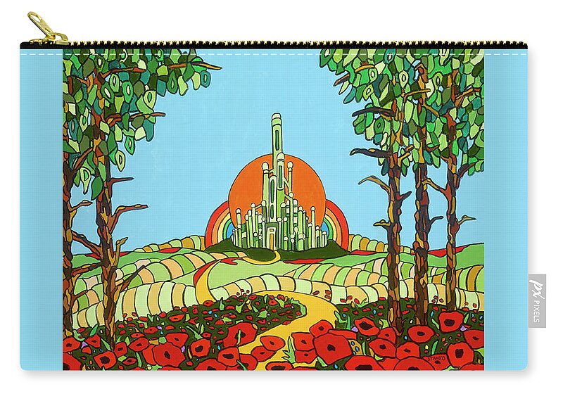 Wizard Of Oz Emerald City Off To See The Wizard Poppies Yellow Brick Road Zip Pouch featuring the painting Visiting Oz by Mike Stanko
