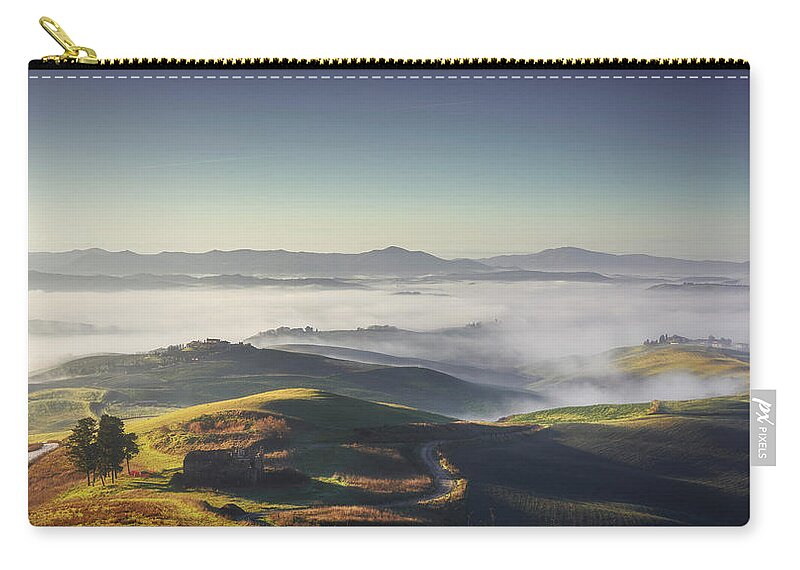 Tuscany Zip Pouch featuring the photograph Volterra foggy landscape by Stefano Orazzini