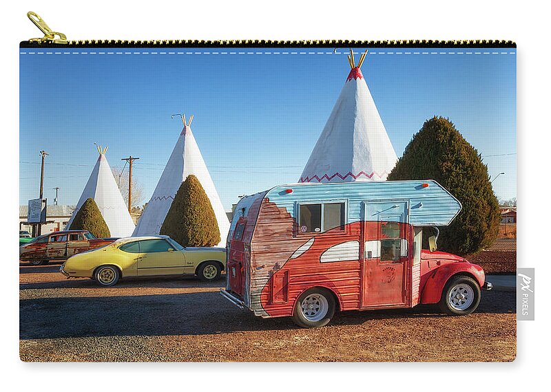 Route 66 Zip Pouch featuring the photograph VW Super Bugger RV - Wigwam Motel - Route 66 by Susan Rissi Tregoning