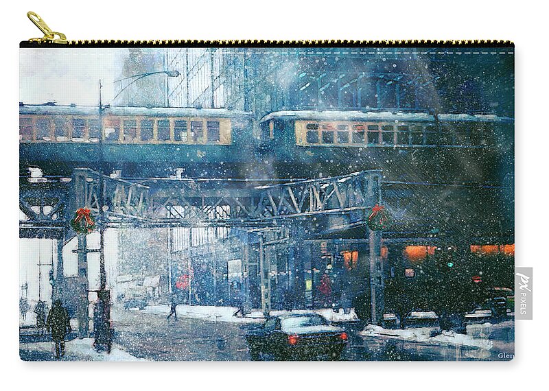 Chicago Zip Pouch featuring the painting Wabash Christmas Time 1970s by Glenn Galen
