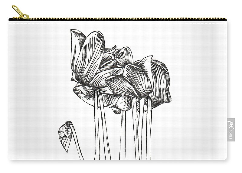 Ink Paper Cyclamen Drawing Black White Oahu Hawaii Zip Pouch featuring the drawing Wake Up In Paradise by Catherine Bede